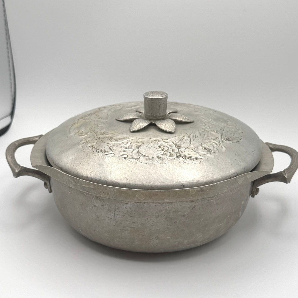 Everlast Forged Aluminum Casserole Serving Dish Lid Floral Silver Vintage Good
